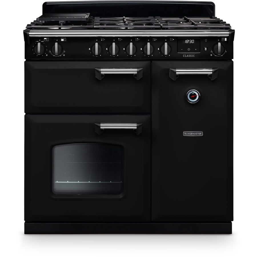 Rangemaster CL90DFPGBL/CM1 14150 90cm Classic Dual Fuel Range Cooker - Black/Chrome