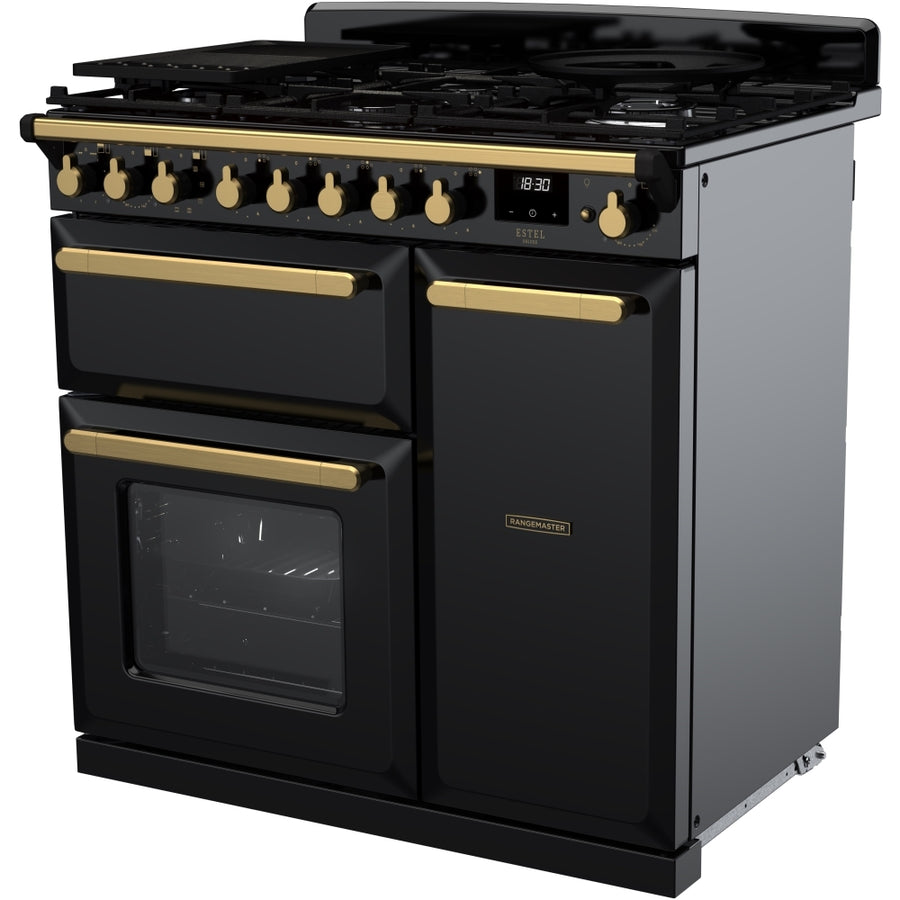 Rangemaster ESDL90DFPGBL/AB1 90cm Dual fuel Estel Deluxe Range cooker Gloss Black & Brass