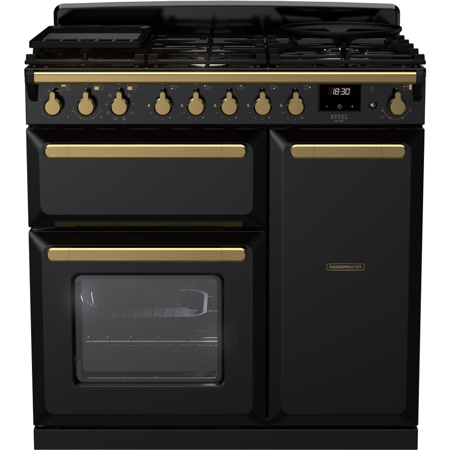 Rangemaster ESDL90DFPGBL/AB1 90cm Dual fuel Estel Deluxe Range cooker Gloss Black & Brass