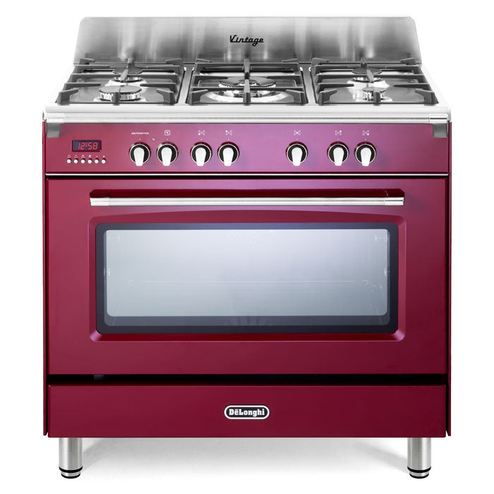 De'Longhi DVRS916DFBU 90cm Vintage range cooker in burgundy