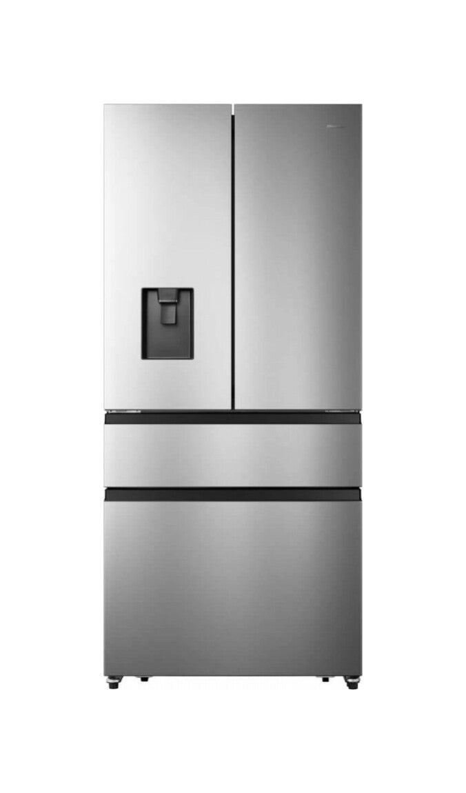 Stainless steel refrigerator with water and ice dispenser on a white background
