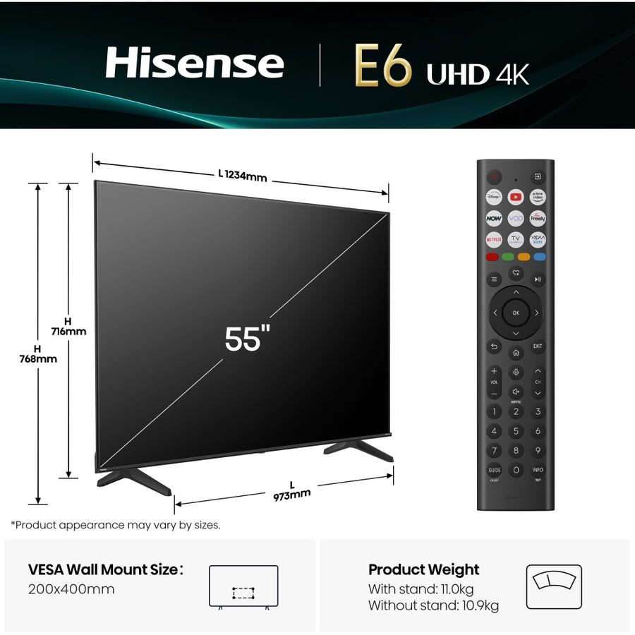 Hisense 55E6QTUK 55'' 4K UHD HDR LED TV with Freely