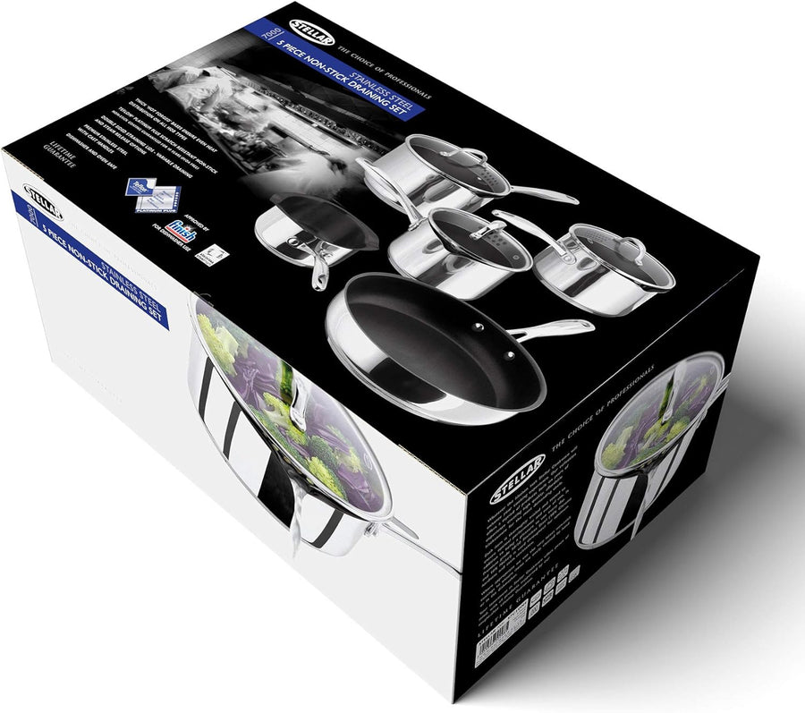 Stellar S7C1DNS 5 Piece Non-Stick Induction Pan Set with Draining Lids