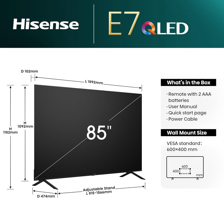Hisense 85E7NQTUK 85'' QLED HDR UHD 4K Smart TV