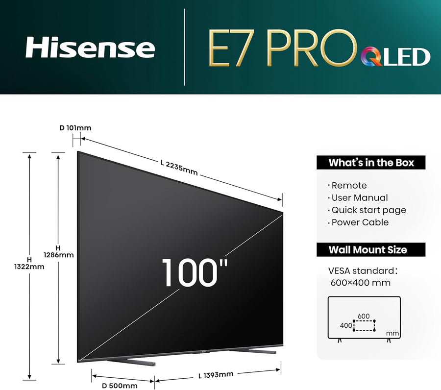 Hisense 100E7NQTUK PRO 100'' QLED HDR UHD 4K Smart TV