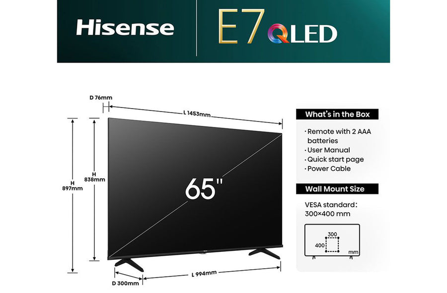 Hisense 65E7NQTUK 65'' QLED HDR UHD 4K Smart TV - [Free 5-Year Guarantee]