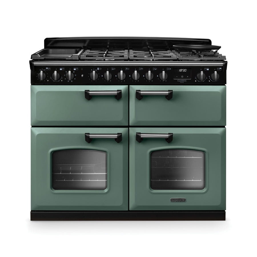 Rangemaster CLDLB110DFPMGR/CM1 14877 Classic Deluxe 110cm Dual Fuel Range Cooker - Mineral Green/Chrome