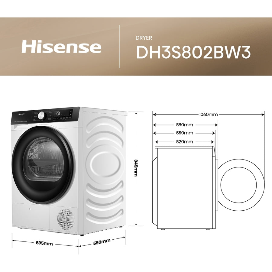 Hisense DH3S802BW3 3S Series 8kg Heat Pump Tumble Dryer