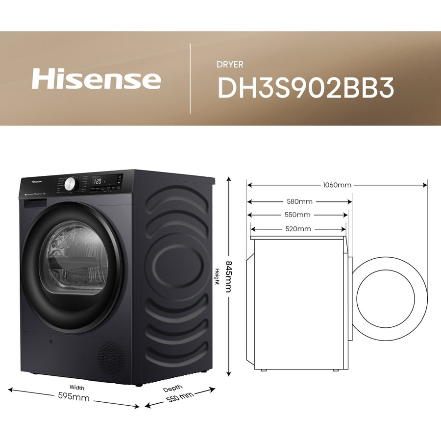 Hisense DH3S902BB3 3S Series 9kg Heat Pump Tumble Dryer - Black
