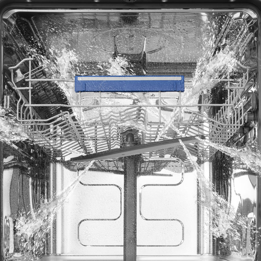 Dishwasher interior with a blue handle and water splashes