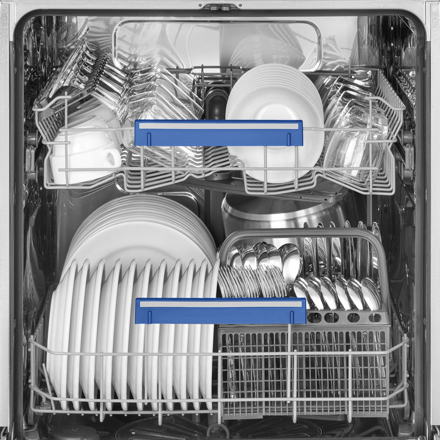 Dishwasher with stacked white plates and silverware in a clean state