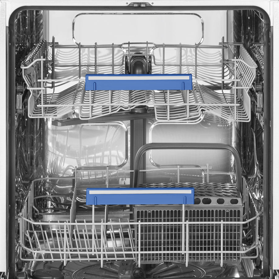 Open dishwasher with silver racks and blue handles