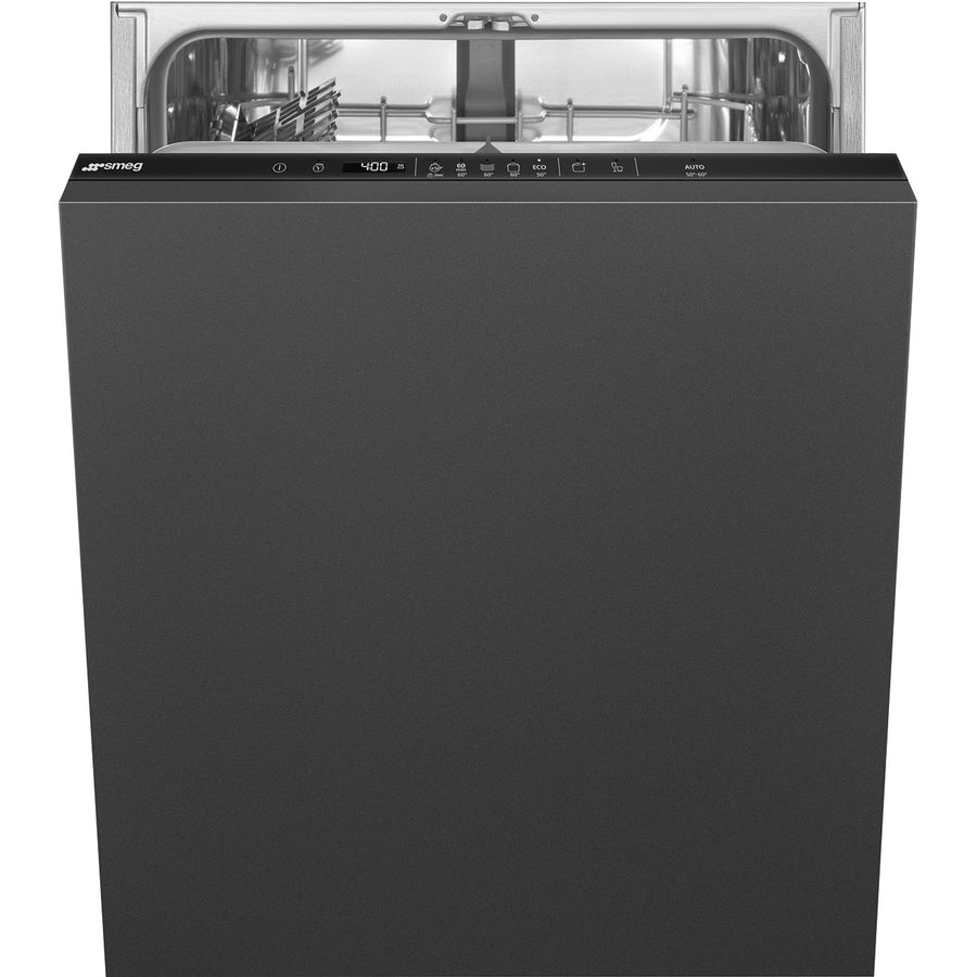 A built-in SMEG dishwasher with the door open, showcasing the interior rack, in a color that appears to be black or dark gray.