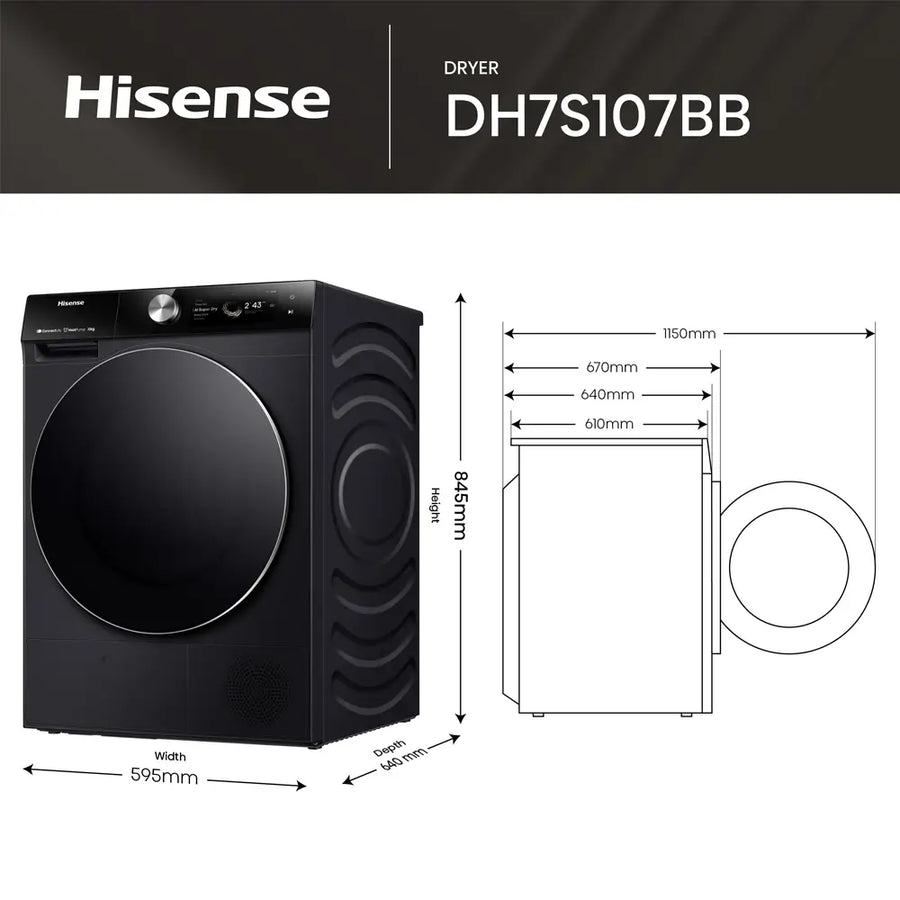 Hisense DH7S107BB 10kg Heat Pump Condenser Tumble Dryer - Black *5 YEAR WARRANTY*