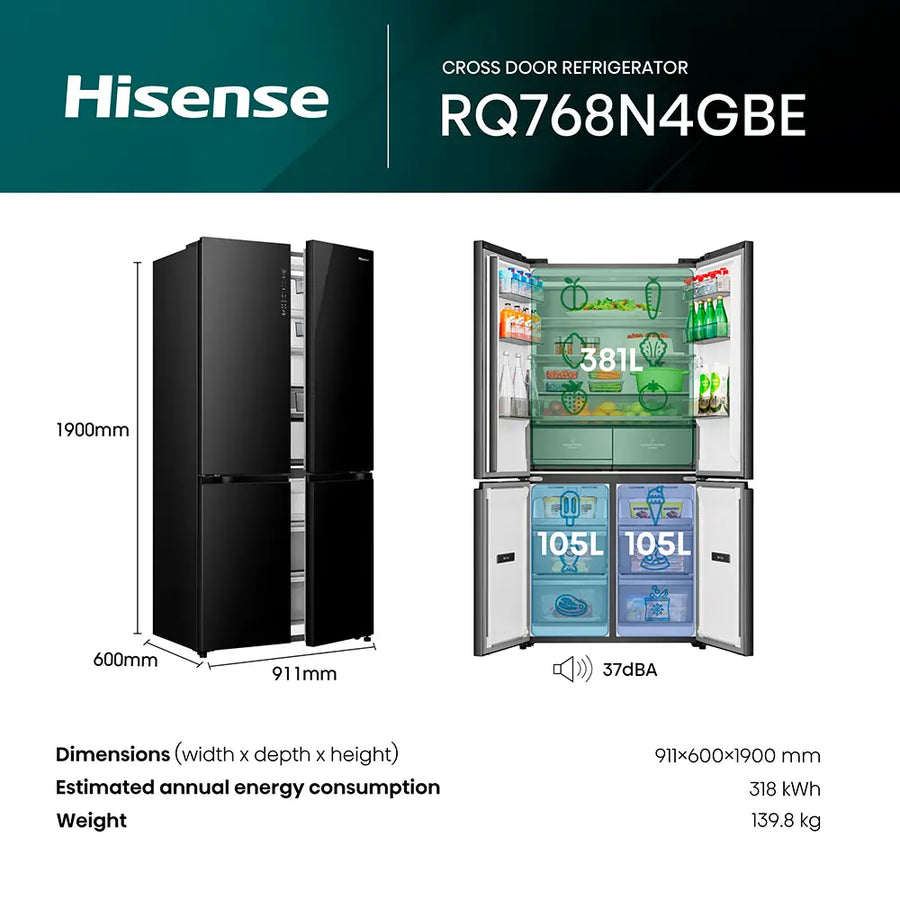 Hisense RQ768N4GBE Multi Door American style fridge freezer - Black Glass
