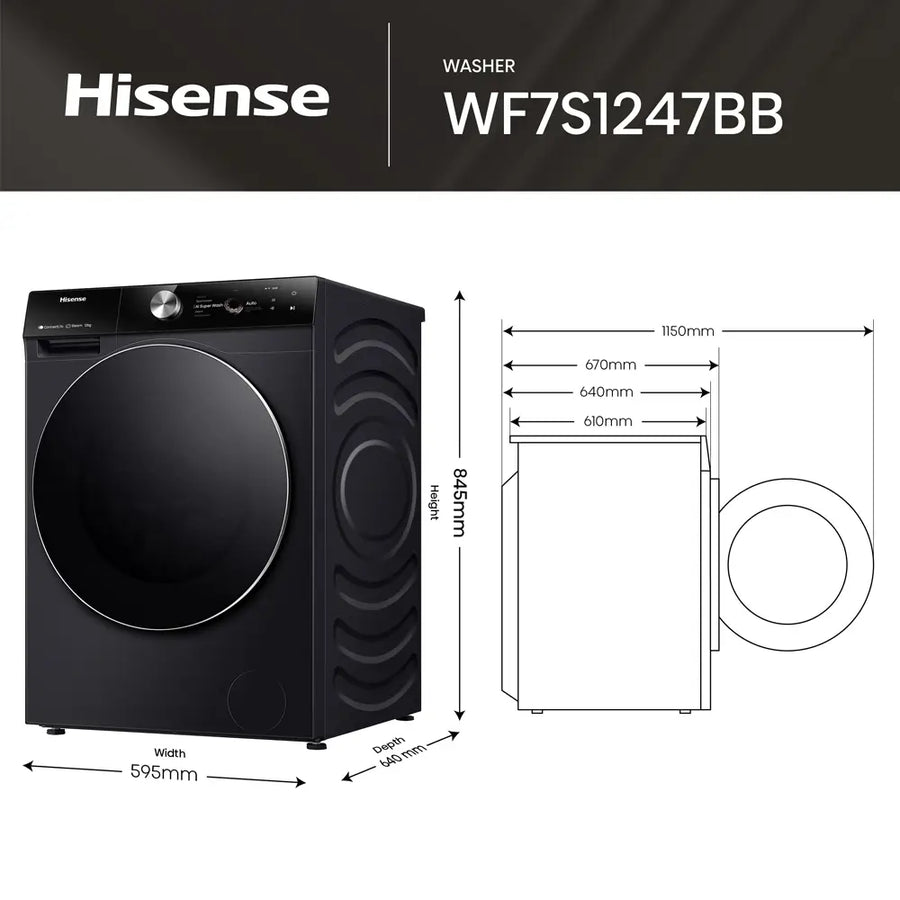 Hisense WF7S1247BB Auto Dosing 12kg 1400 Spin Washing Machine - Black