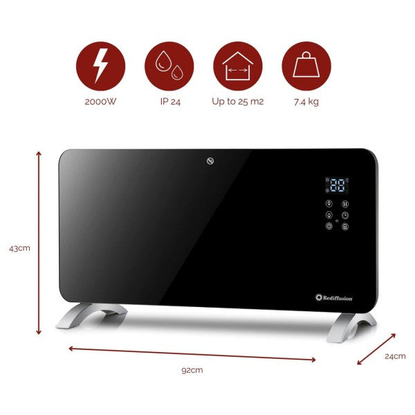 Rediffusion RED2000GB 2000w Smart Glass Panel Heater - Black