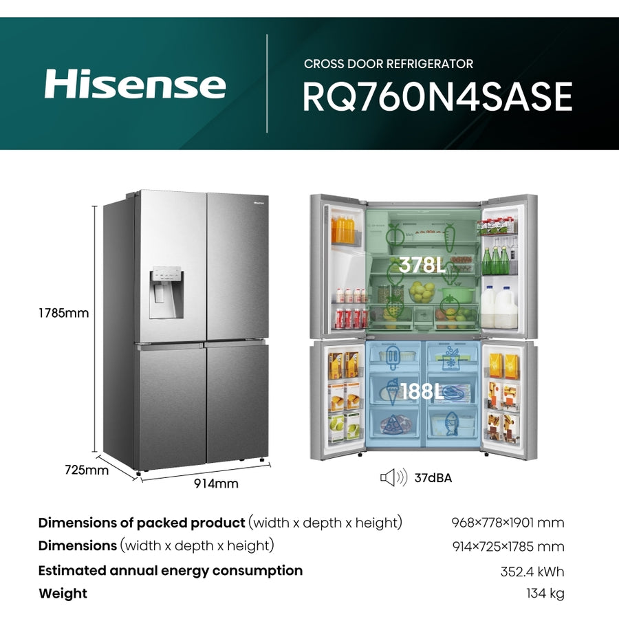 HIsense RQ760N4SASE PureFlat Non-Plumbed American style fridge freezer - stainless steel