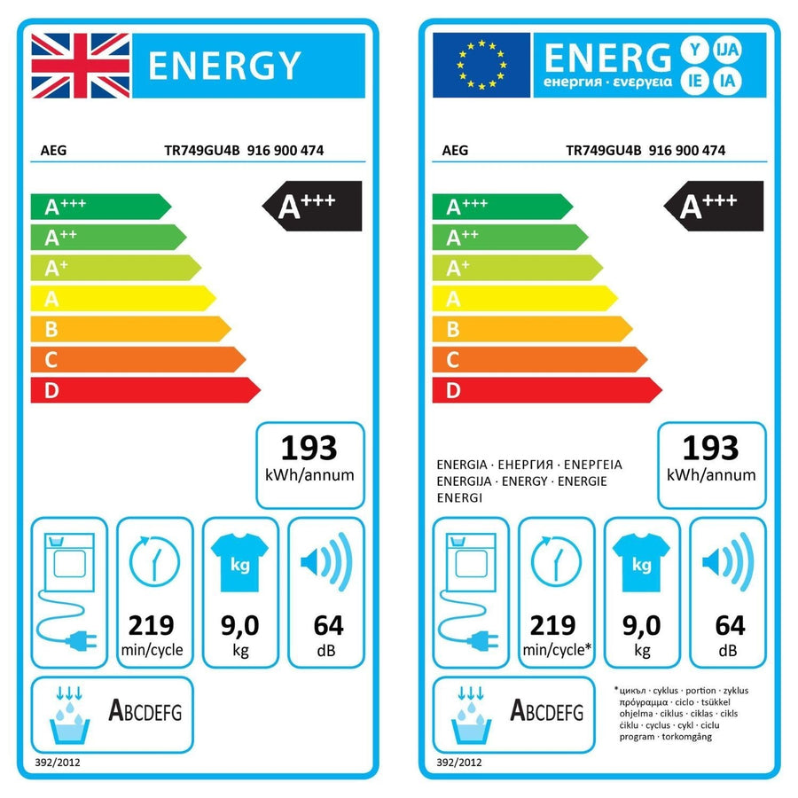 AEG TR749GU4B 7000 SensiDry® 9kg Heat Pump Tumble dryer - Black