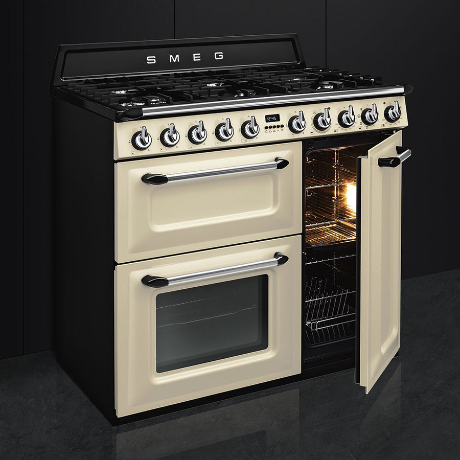 Smeg TR93P 90cm Victoria Dual Fuel Range Cooker - Cream [Free 5-year parts & labour guarantee]