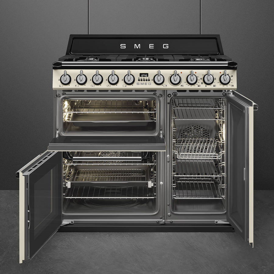 Smeg TR93P 90cm Victoria Dual Fuel Range Cooker - Cream [Free 5-year parts & labour guarantee]