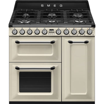 Smeg TR93P 90cm Victoria Dual Fuel Range Cooker - Cream [Free 5-year parts & labour guarantee]