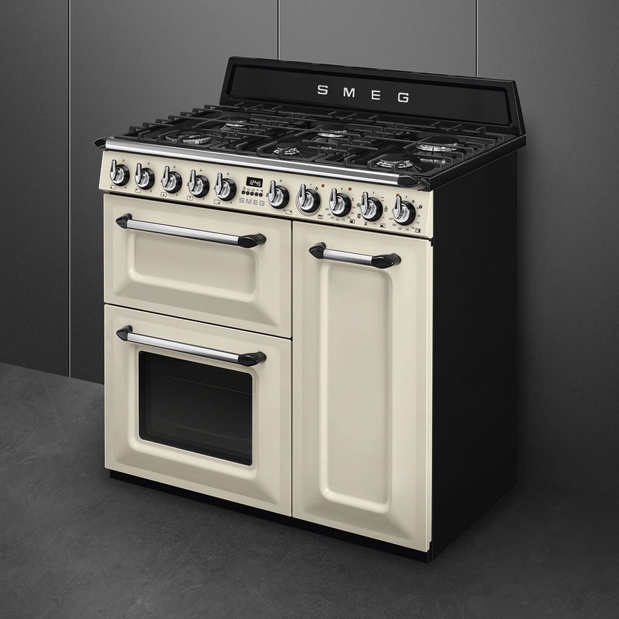 Smeg TR93P 90cm Victoria Dual Fuel Range Cooker - Cream [Free 5-year parts & labour guarantee]
