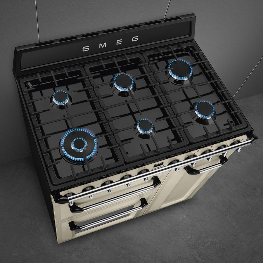 Smeg TR93P 90cm Victoria Dual Fuel Range Cooker - Cream [Free 5-year parts & labour guarantee]