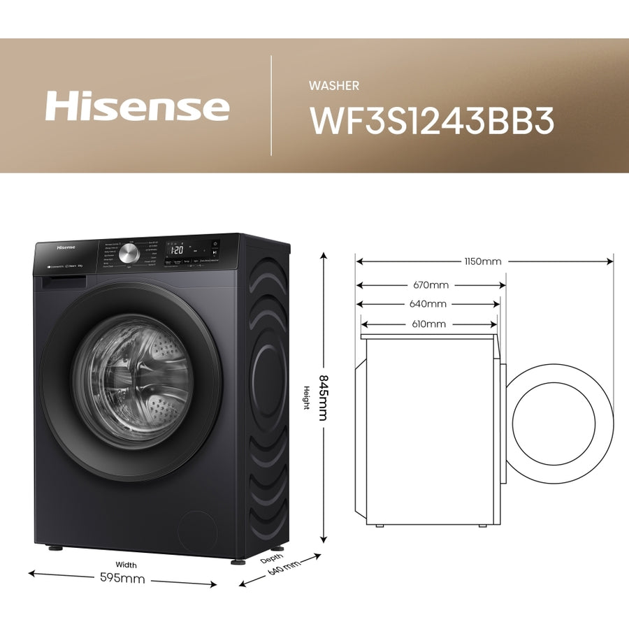 Hisense WF3S1243BB3 3S Series 12kg 1400rpm Washing Machine - Black