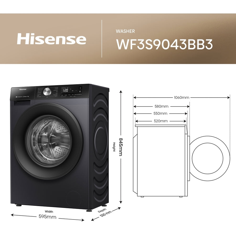 Hisense WF3S904BB3 3S series 9kg 1400rpm washing machine - Black
