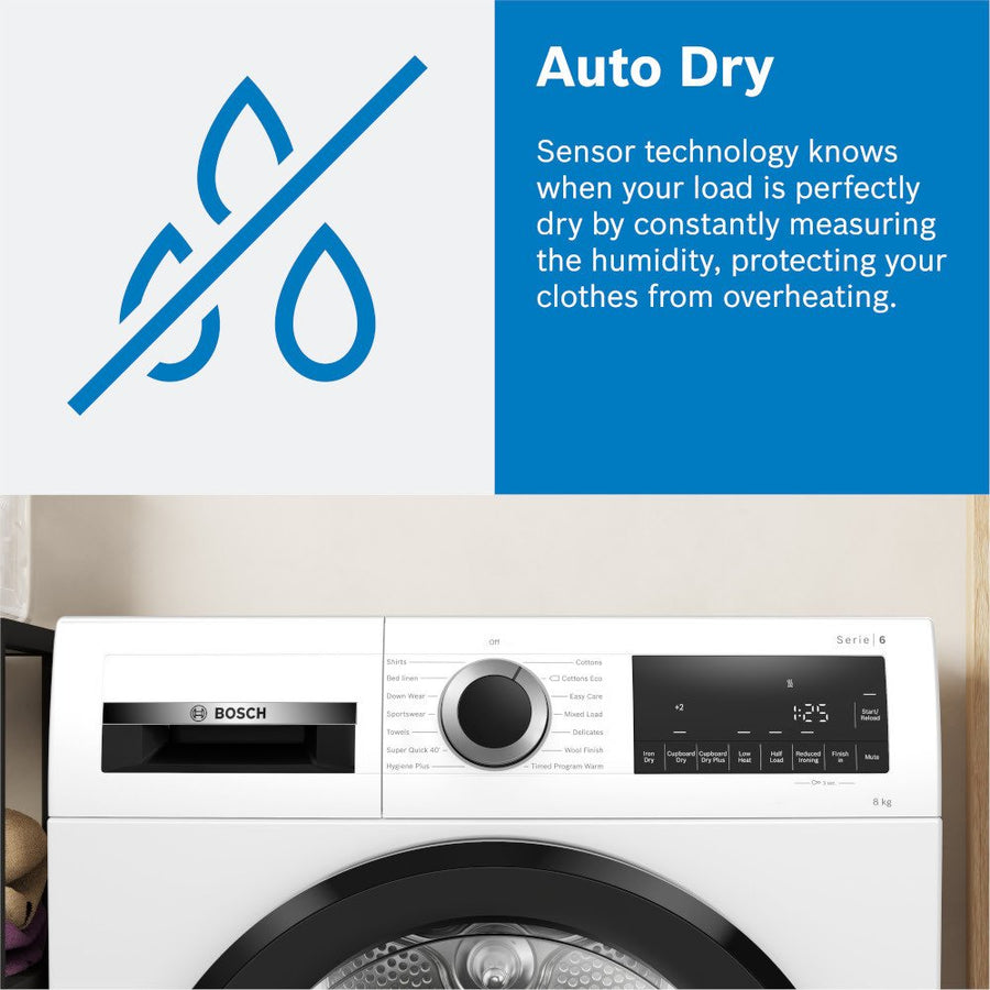 Bosch WQG245S9GB Series 6 9kg Heat Pump Tumble Dryer - Silver Inox [Free 5-year parts & labour guarantee]