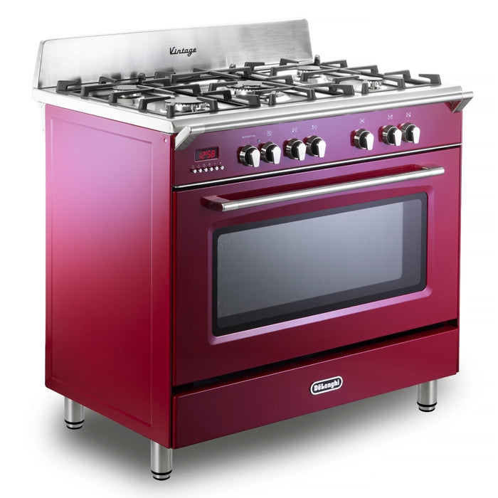 De'Longhi DVRS916DFBU 90cm Vintage range cooker in burgundy