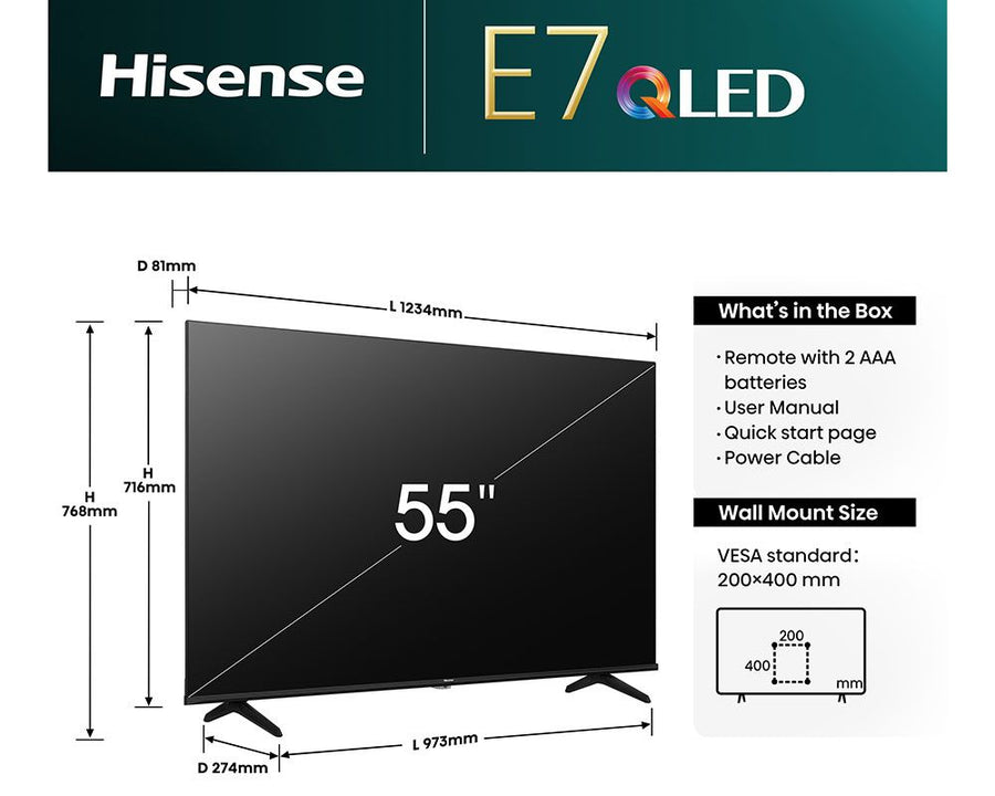 Hisense 55E7NQTUK 55'' QLED HDR UHD 4K Smart TV - [Free 5-Year Guarantee] LAST ONE