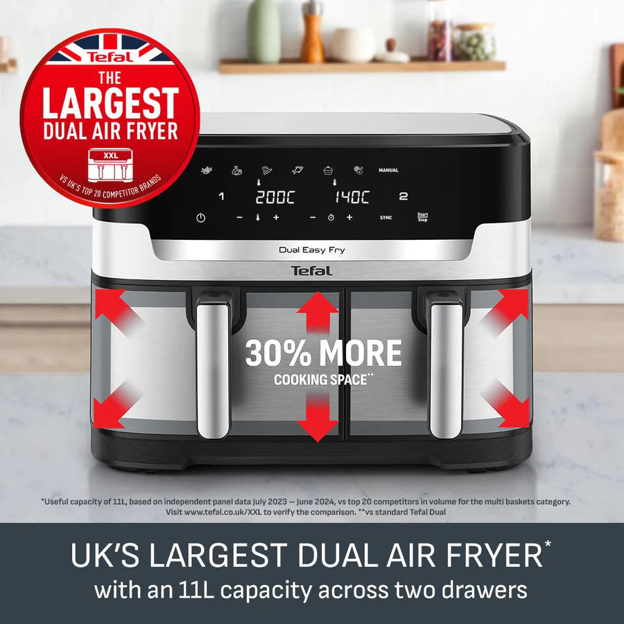 Tefal EY942DG1 Easy Fry Dual XXL Air Fryer - Stainless Steel, 11L