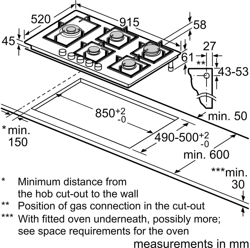 Bosch PPM9A6I40 Series 6 90cm Tempered Glass Gas Hob