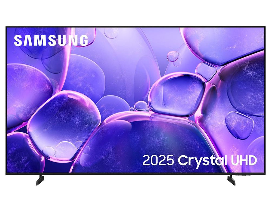 Samsung TV with 2025 Crystal UHD display and purple abstract design