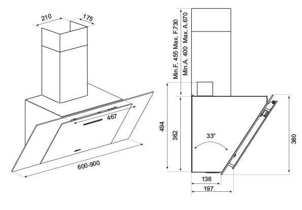 GWA F204-60-700-IX/VT-TC-B 60cm Esto Novara 2 Black Glass Angled Hood