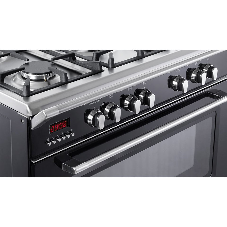 De'Longhi DVRS916DFBL 90cm dual fuel range cooker with vintage splashback