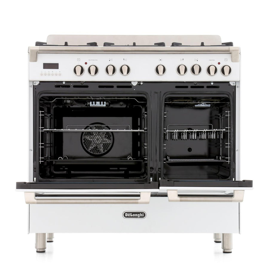 DeLonghi DVTR906DFWH dual fuel range cooker in white 