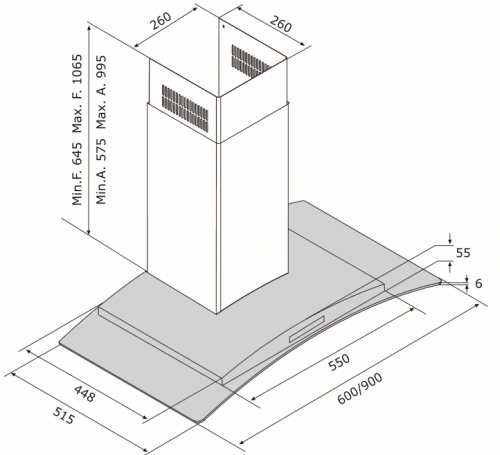 GWA Esto Fabriano (F39-60-S4-650-X/VT) 60cm Curved Glass Hood