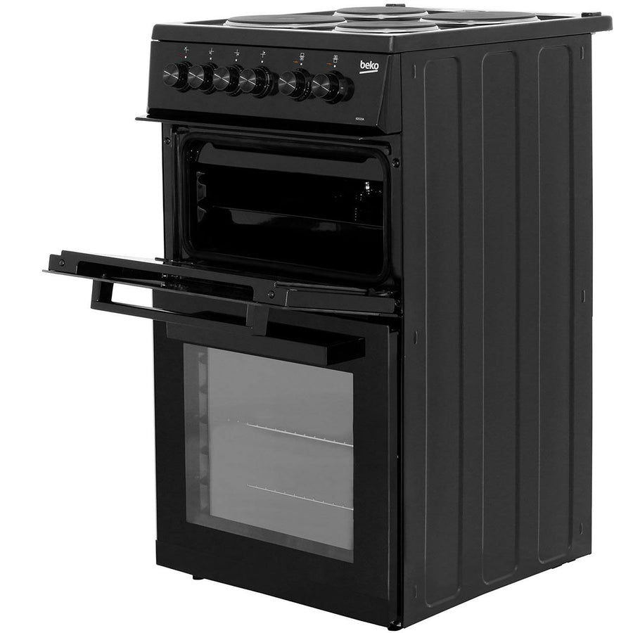 Beko KD533AK 50cm electric cooker with solid plate hob in black. 