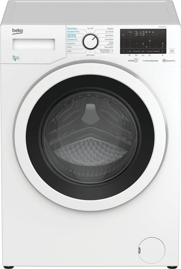 Beko WDER7440421W Freestanding 7kg/4kg washer dryer in white with large porthole door and LED display.