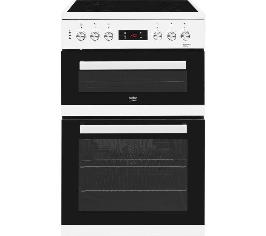 Beko KDC653W 60cm double oven electric cooker with ceramic hob in white.