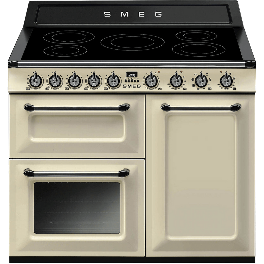 Smeg TR103ip 100cm Victoria traditional 3 cavity range cooker with induction hob in cream. 