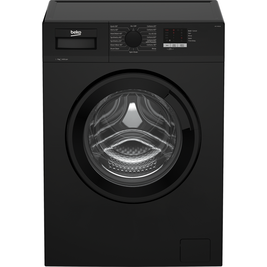 Beko WTL74051B 7kg washing machine in black with 1400 rpm spin speed. 15 wash programmes. 